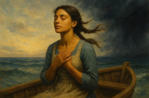 virtude da fé sendo representada na imagem de uma mulher navegando em um barco; do lado direito o mar está calmo e do lado oposto se aproxima uma tempestade. A mulher tem as maos no coracao e o semblante tranquilo