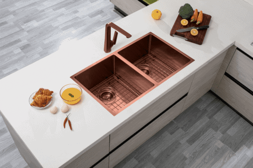 770*450*215mm Rose Gold PVD Hand-made Double Bowl Kitchen Sink