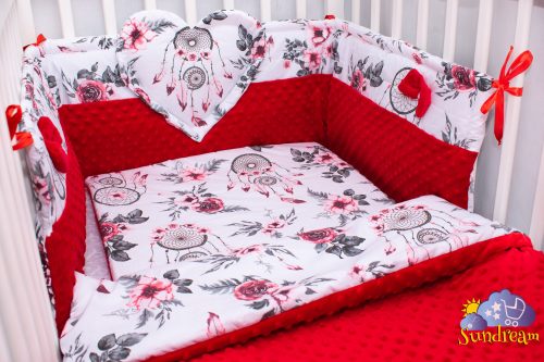 zestaw-do- lozeczka-z- ochraniaczem-z- sercem-czerwone -lapacze-z czerwonym-minky