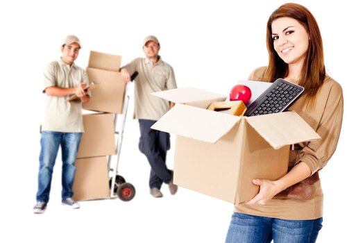 Guys helping a woman to move house - isolated over white