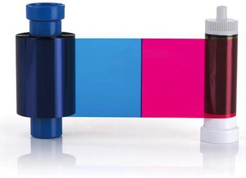 Magicard MA300YMCKO YMCKO ribbons consist of yellow (Y), magenta (M) and cyan (C) panels for printing a full spectrum of colors by combining the colors using varying degrees of heat. The K panel is a black resin panel, typically used for printing text and barcodes and the O panel is a thin, clear protective overlay.