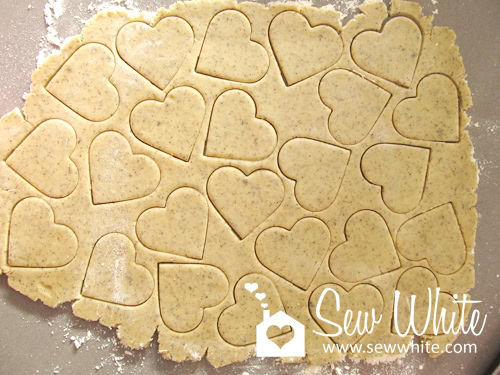 fresh biscuit dough with cookie cutter hearts ready to bake for the Lavender and Lady Grey Biscuits