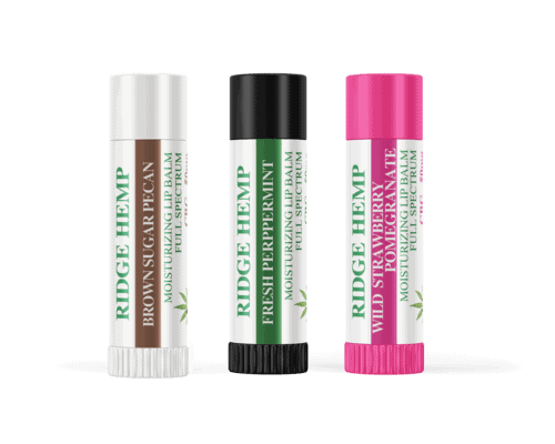 3 lip balm containers of different color and flavor like wild strawberry brown sugar pecan and peppermint