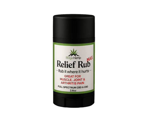 black container with maximum strength relief rub. looks like a deodorant container