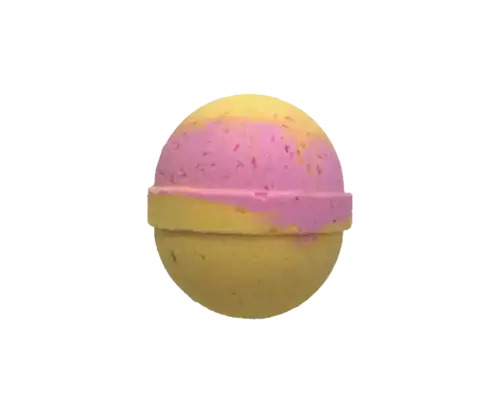 Round yellow and pink CBD Bath Bomb Raspberry Lemonade