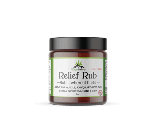 An amber jar with CBD + CBG relief rub with a black cover