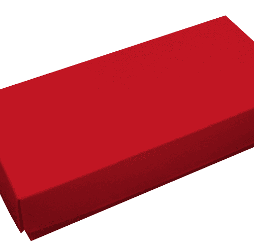 Red rectangular gift box with a closed lid photographed from an angled top-left perspective on a white background.