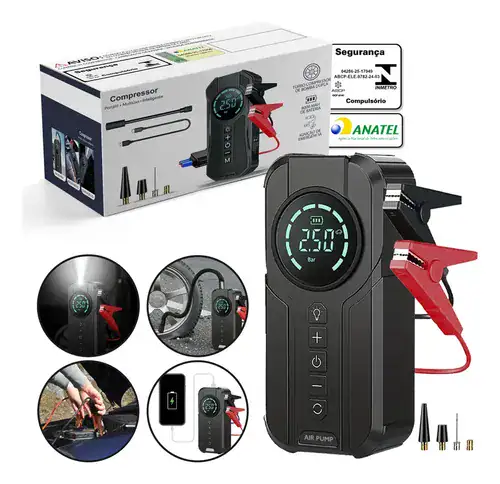 Bomba de Ar Portatil Compressor Inflator Multi-função 4 em 1 PowerBank 8kmah Bateria Calibrador de Carro Auto Pneu