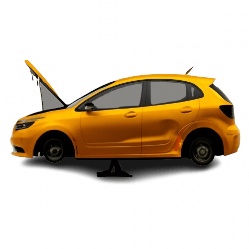 Oranje sloopauto met deuken en krassen open motorkap, zijaanzicht.