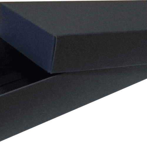 Black rectangular box with a lid propped open, revealing the empty interior