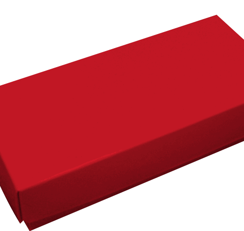 Red rectangular gift box with a closed lid photographed from an angled top-left perspective on a white background.