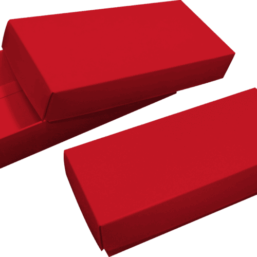 Two red rectangular gift boxes, one open with lid resting beside it.