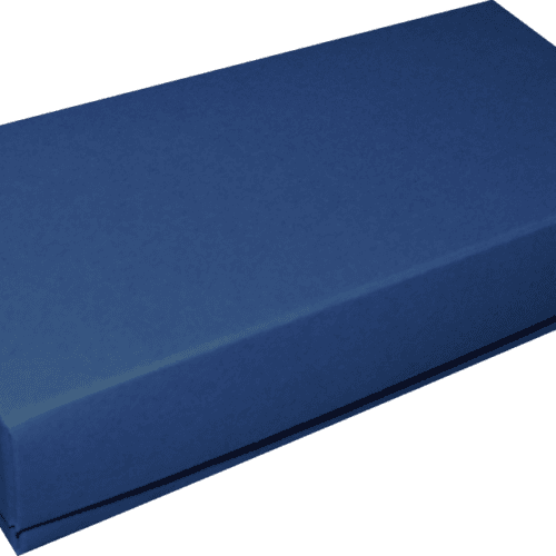Blue rectangular cardboard box with a closed lid, photographed at an angle.