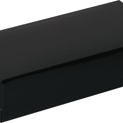 Black rectangular cardboard box with a closed lid, likely for packaging or storage.