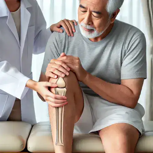 류마티스관절염 증상과 치료방법 예방법총정리 3 DALL·E 2025 04 14 14.32.14 A realistic photo of an East Asian senior man receiving physical therapy for his knee at a clinic. A therapist is gently assisting him while he sits o