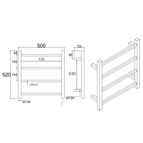 Brushed Nickel Square Electric Heated Towel Rack 4 Bars
