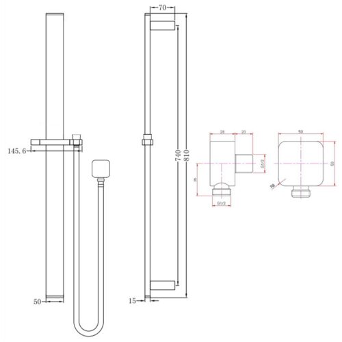 Square Gun Metal Grey Sliding Shower Rail without handheld Shower (PVC Hose)