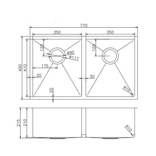Satin- Gun Metal Grey 770x450x215mm 1.2mm Handmade Top/Undermount Double Bowls Kitchen Sink