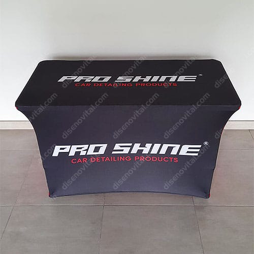 mesa publicitaria con mantel spandex elastico para eventos ferias y concierto