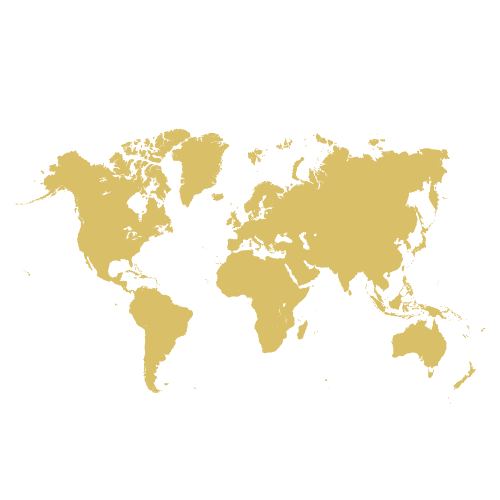 Weltkarte in goldener Farbe auf transparentem Hintergrund mit flächiger Darstellung der Kontinente.