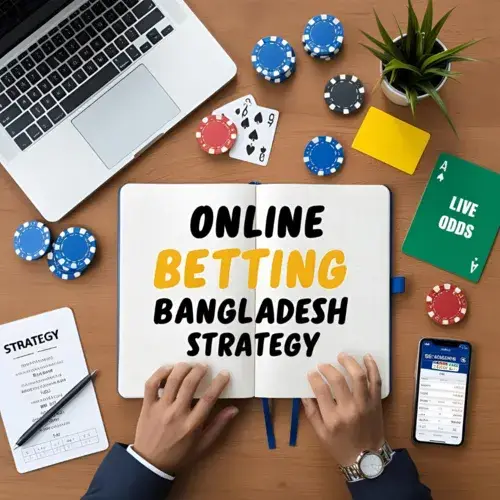 Notebook labeled online betting Bangladesh strategy on a workspace with poker chips and a phone showing betting odds.