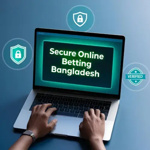 Secure online betting Bangladesh website interface with security icons and glowing title.