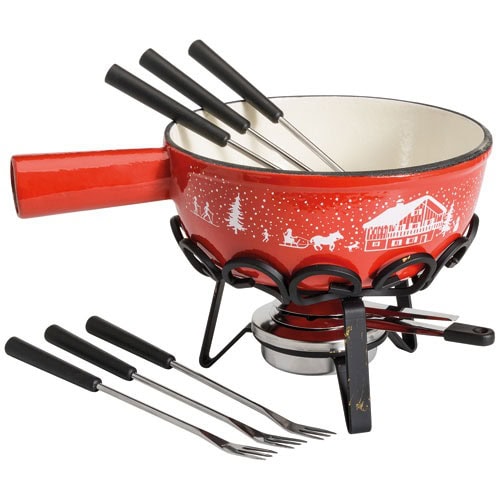 Service à fondue Table et Cook Rouge Hiver - Caquelon fonte émaillée 22 cm avec réchaud et accessoires