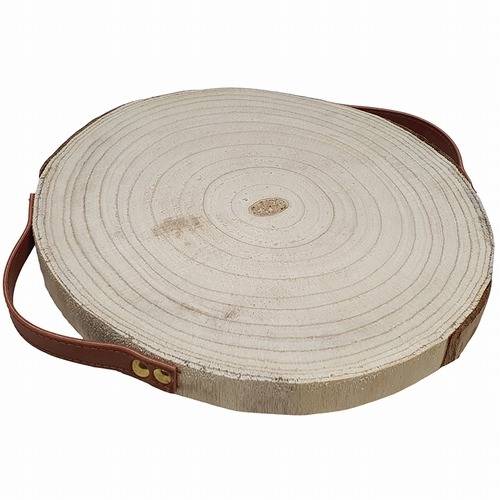 Ronde houten dienblad met leren handvatten, natuurlijke uitstraling, decoratief en functioneel.