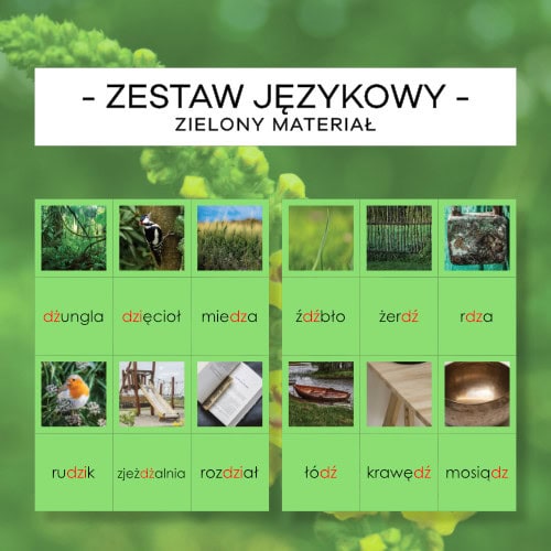 Zielony Materiał Językowy 2 - dz, dzi, dż, dź - zestaw pisany, mały i wielki druk