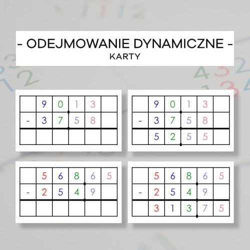 Odejmowanie dynamiczne ułamków - karty do gry w znaczki