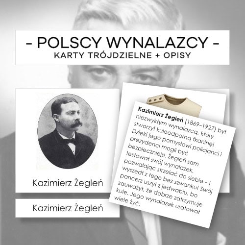 Polscy wynalazcy - karty trójdzielne 15 szt. + opisy