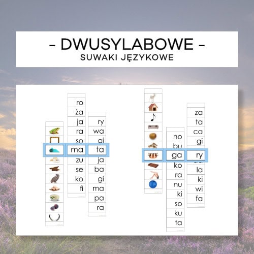 Obrazkowe suwaki literowe - niebieski materiał językowy - pisany, mały i wielki druk