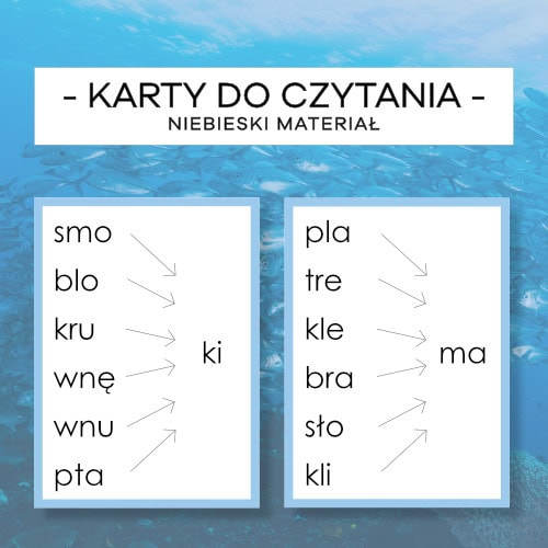 Karty do czytania - Niebieski Materiał cz. 3 - pisany, mały i wielki druk