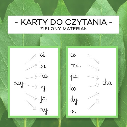 Karty do czytania - Zielony Materiał - pisany, mały i wielki druk - obrazek 2