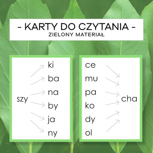 Karty do czytania - Zielony Materiał - pisany, mały i wielki druk