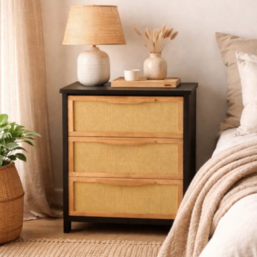 Mesa de luz J3 Japandi Negra - Ancho 56cm - Madera maciza álamo