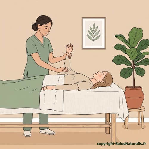 Séance chez votre kinésiologue à Flers : test musculaire de précision pratiqué par la praticienne de Salus Naturalis.