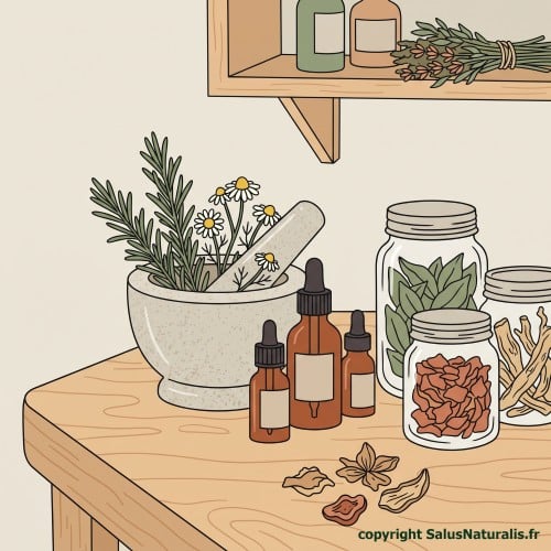 Préparation de remèdes naturels en phytothérapie chez Salus Naturalis, naturopathe à Flers : flacons et plantes séchées.