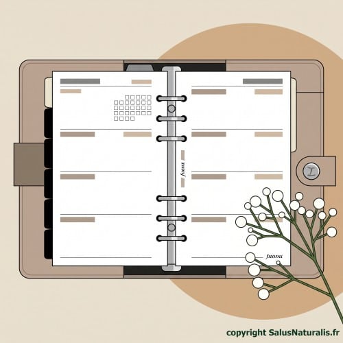 Agenda ouvert et branche fleurie pour réserver une séance de naturopathie, réflexologie ou kinésiologie au cabinet Salus Naturalis à Flers.
