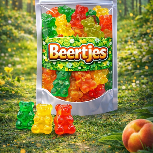 Kleurrijke fruitachtige teddybeertjes van Jake, zachte glutenvrije gummy beertjes in diverse vruchtensmaken met een glanzende afwerking