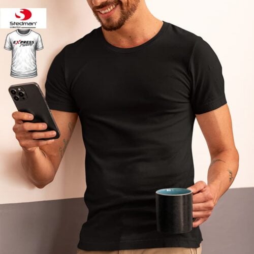 Express Stedman Men T Shirt in black, lifestyle image with Express Printing badge