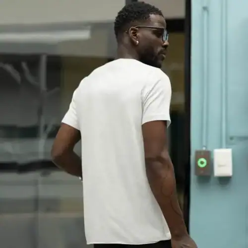 Premium men’s fashion custom t-shirt in white – lifestyle back view