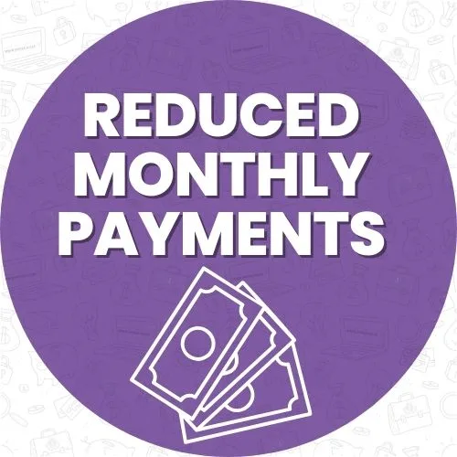 Lower Your Monthly Debt Installments through debt review / debt counselling by consolidating all your debt Purple circle with stacked cash icon and the text Reduced Monthly Payments for debt review, so you understand that debt counselling offers one recued monthly debt repayment for all your debt