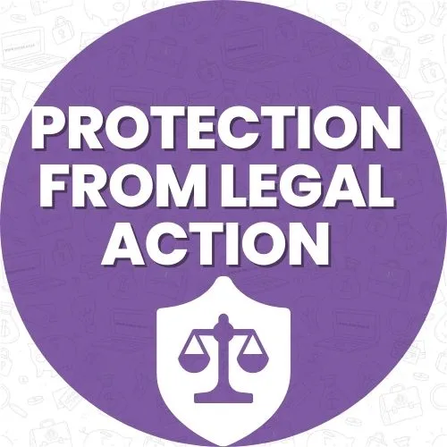 Shield Yourself From Creditors with debt review / debt counselling that offeres legal protection from reposession and legal protection from garnishees Debt Review offers legal protection from your credit providers, including legal protection from having your car repossessed or your home repossessed Purple circle with a justice scale icon and the text “Protection From Legal Action.”