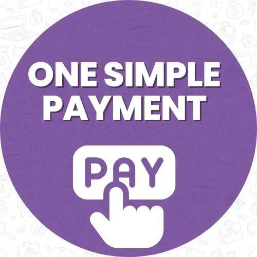 One Simple Monthly Payment towards All your Debt under debt review Icon of a finger pressing a Pay button with the words One Simple Payment towards all your debt under debt review above it on a purple background. Debt Counselling offers one affordable payment towards all your debt