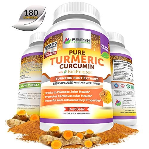 Fresh Healthcare Non-GMO, Gluten Free Pure Turmeric Curcumin Powder with BioPerine and Black Pepper - 180 Vegan Capsules