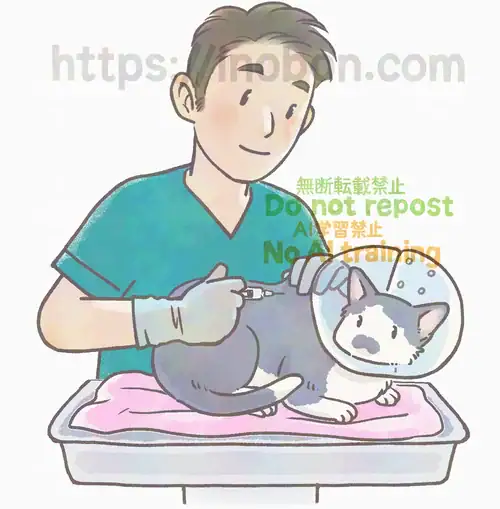 男性の動物看護師が診察台のうう上の猫に注射を打っている