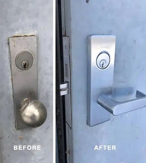 Before and after upgrade of a commercial steel door from round knob to lever handle