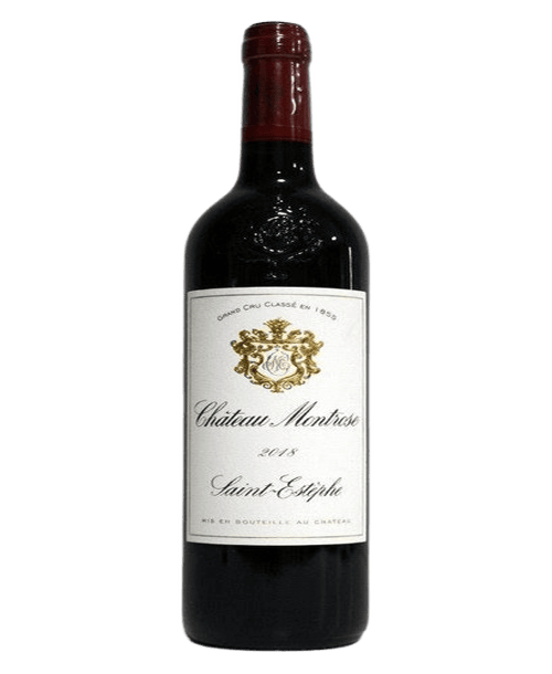 Flaske af Château Montrose Grand Cru Classé 2018 – en eksklusiv Saint-Estèphe Bordeaux med 98 RP-point, dyb granatrød farve og elegant struktur.