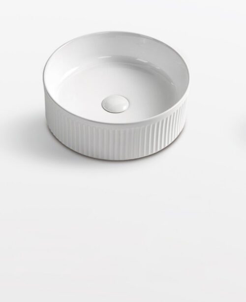 370 x 370 x 130 mm Round Gloss White Fluted Above Counter Ceramic Basin